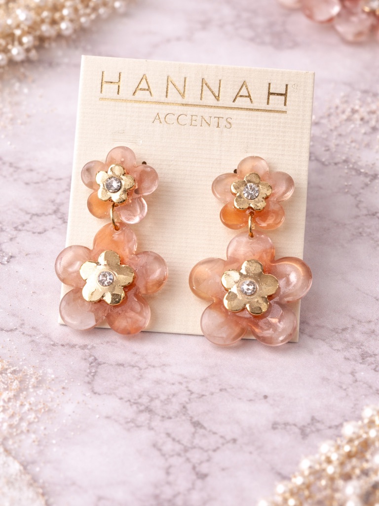 Hannah Peach Blossom Flower Drop Earrings With Gold Accents